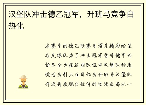 汉堡队冲击德乙冠军，升班马竞争白热化