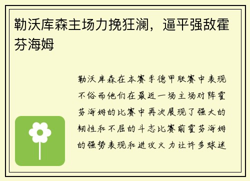 勒沃库森主场力挽狂澜，逼平强敌霍芬海姆